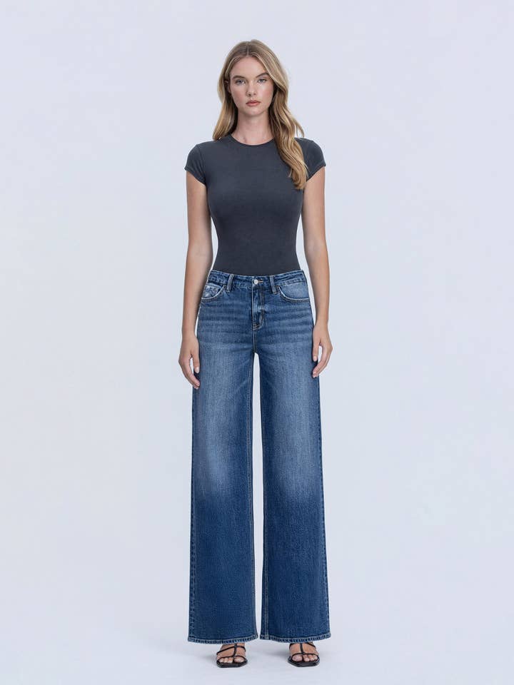 JEAN LARGE À TAILLE HAUTE SANS COUTURE FONCÉ T7148 pour la vente par VERVET by FLYING MONKEY