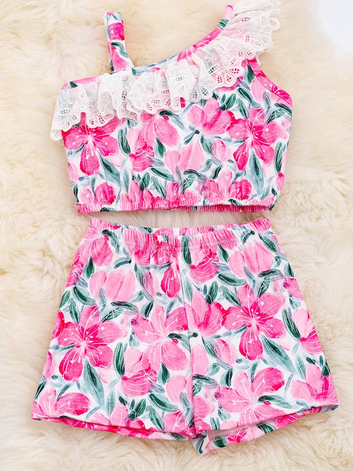 🌸Ensemble 2 pièces imprimé fleur tropicale fuchsia. OFG40101 SOL pour la vente par Kids Charm Online