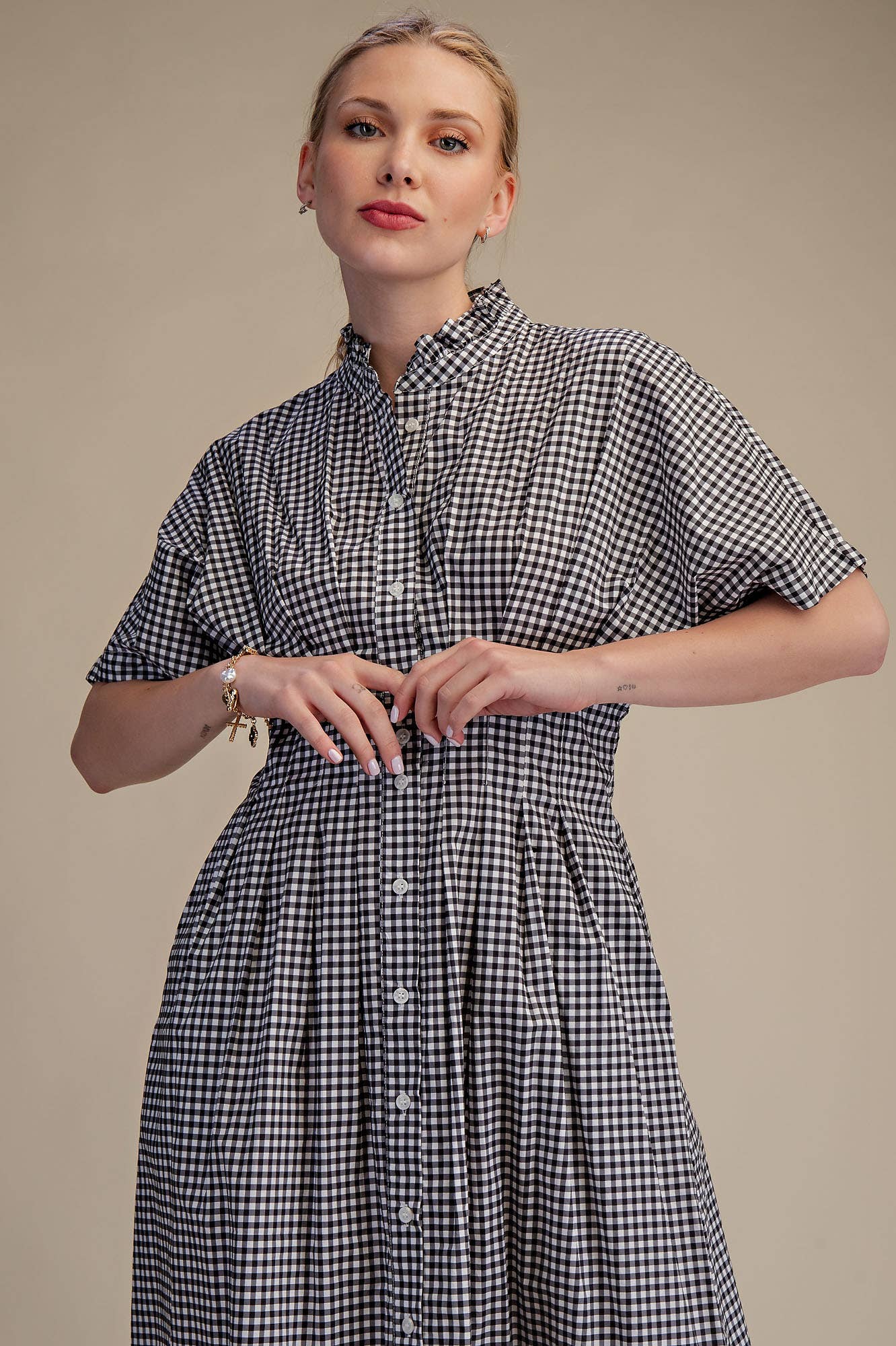 Glam - Wholesale Dress - Women's - Gingham Check Ruffle Neck Waist Pleated Midi Dress2