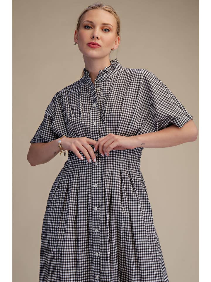 Glam - Wholesale Dress - Women's - Gingham Check Ruffle Neck Waist Pleated Midi Dress2