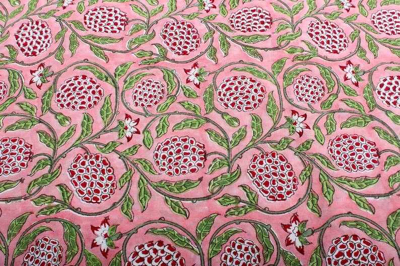 Fabricrush - Wholesale Fabric - Strawberry Pink, Green Indian Hand Block Print Fabric6