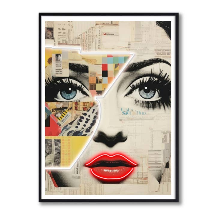 Neonfarbenes Collagenbild, Zeitungsausschnitt, auf Batterie für den Großhandel von Woooow Arte