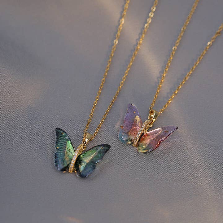 Perimade & Co. LLC - Wholesale Pendant/Charm Necklace - Colorful Butterfly Pendant Necklace in Stainless Steel