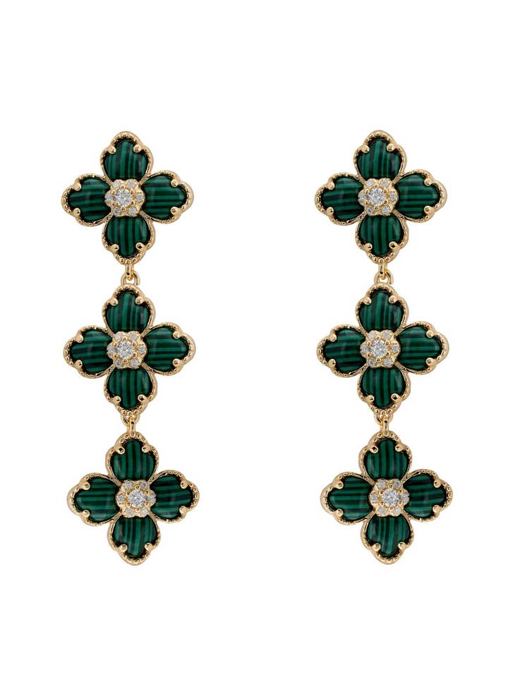 Flower Clover Triple Drop Earrings Malachite Gold for wholesale by Latelita
