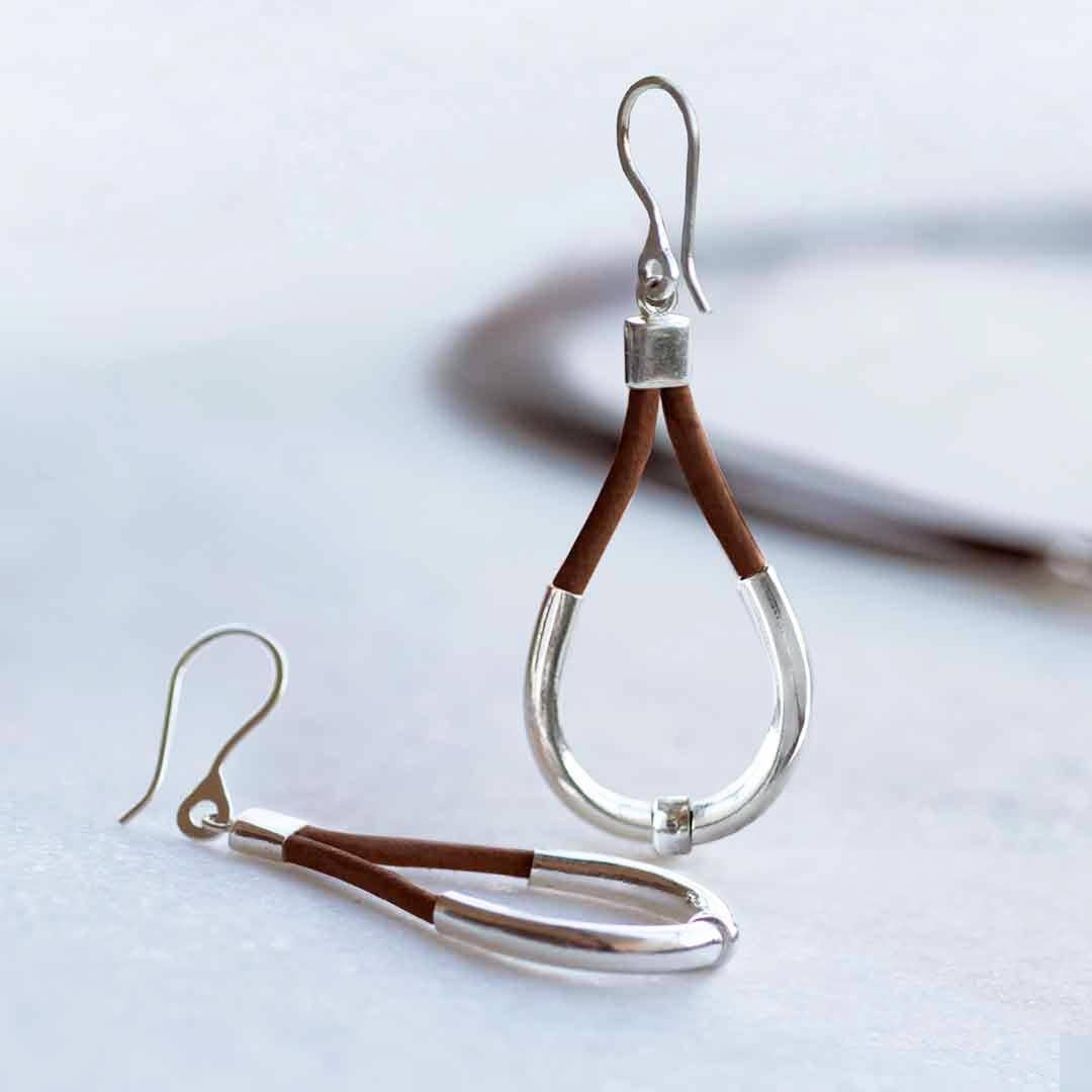 URBAN-EQUESTRIAN - Wholesale Dangle Earrings - Calista - Sterling Silver Bosal Horseshoe Earring on Brown Leather0