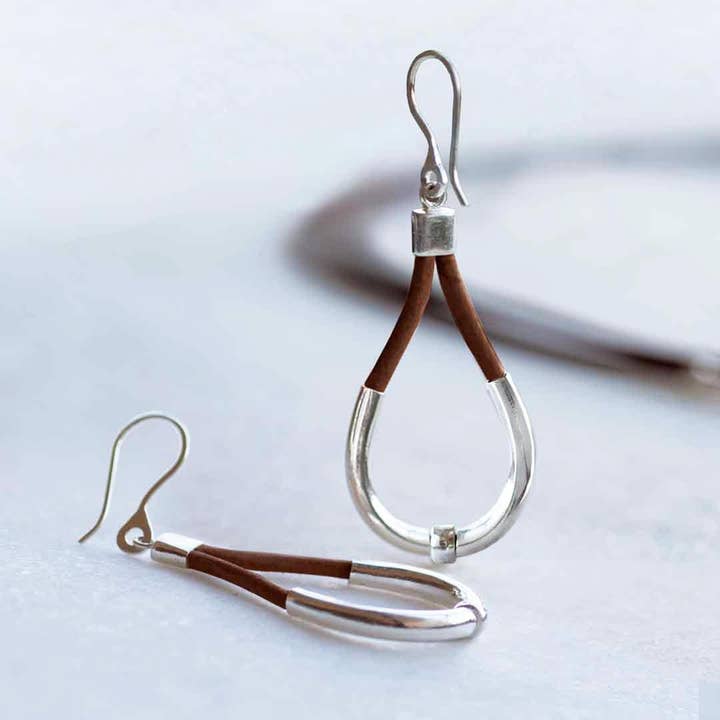 URBAN-EQUESTRIAN - Wholesale Dangle Earrings - Calista - Sterling Silver Bosal Horseshoe Earring on Brown Leather