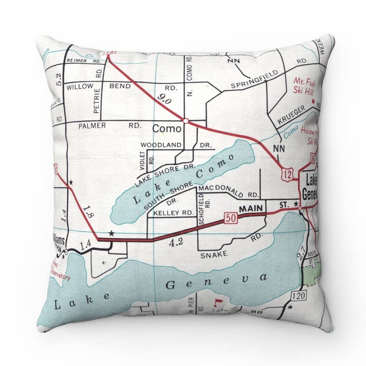 Lake Como Wisconsin Map Pillow – 18" Square Throw Pillow for wholesale by Daisy Mae Designs