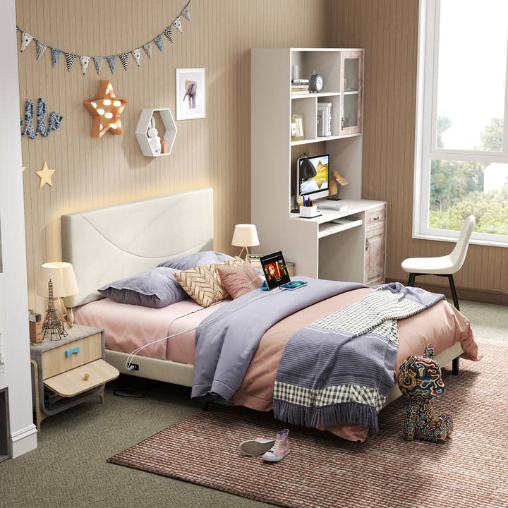 39F Inc. - Wholesale Bedroom Furniture - Foothill Queen Beige Bed Frame with LED Headboard
