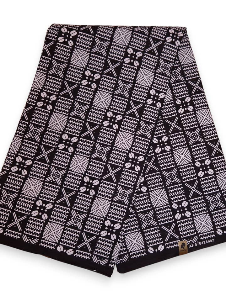 6 Yards - Afrikanskt vaxtryckstyg - Svart och vit Bogolan-rutnät - 100% bomull för wholesale av AfricanFabs