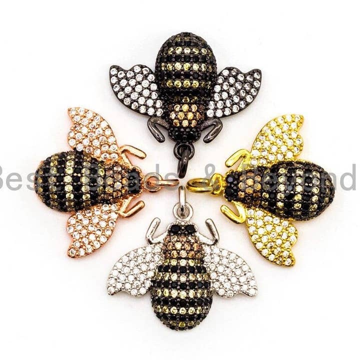 BEE Inspired Charm, CZ Micro Pave Inspired insect Charm, Pave Bug Charm, Gold/Rose Gold/Silver/Black, 19x22x5mm,SKU#F435 for wholesale by BestBeads&Beyond