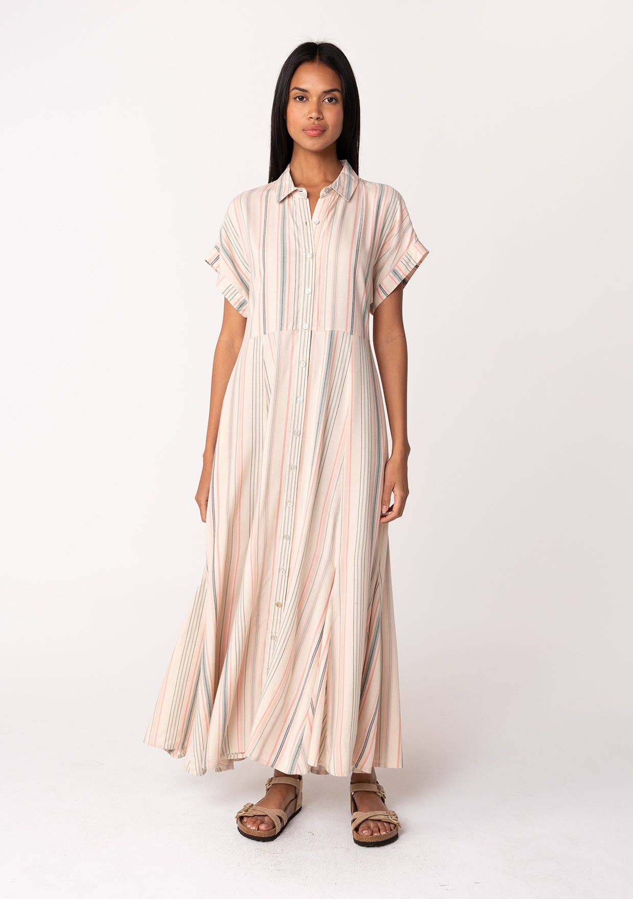 Naturel/Sauge Robe longue rayée à manches courtes et col en vente sur Faire4