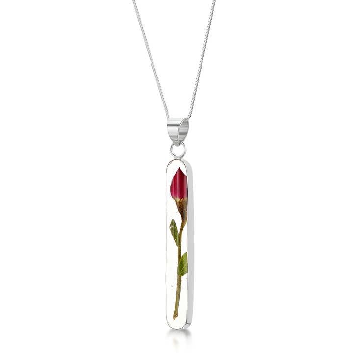 Silver Pendant Necklace - Rose Bud - Long Stem. for wholesale by Shrieking Violet