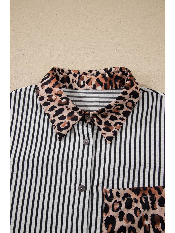 66DISCO - Vente Chemise à col boutonné – femme - Chemise à boutons léopard et rayures contrastées chic printemps 202621