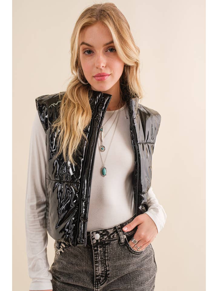 Blue B - Wholesale Outerwear Vest - Women's - 22656J - Gloss Shiny PU Quilted Puffer Zip Up Crop Vest20