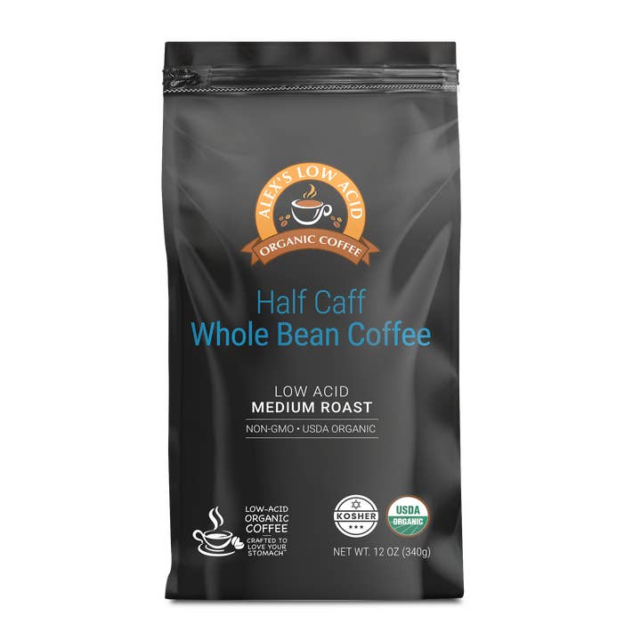 Alex's Low-Acid Organic Coffee™ - Half Caff Whole Bean (12oz) for wholesale by Alex's Low-Acid Organic Coffee