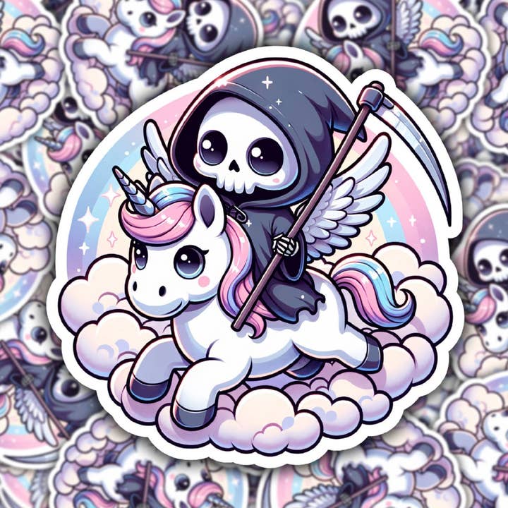 Grim Reaper Riding Unicorn - Sød vinylklistermærke for engroshandel hos Bearded Crafter