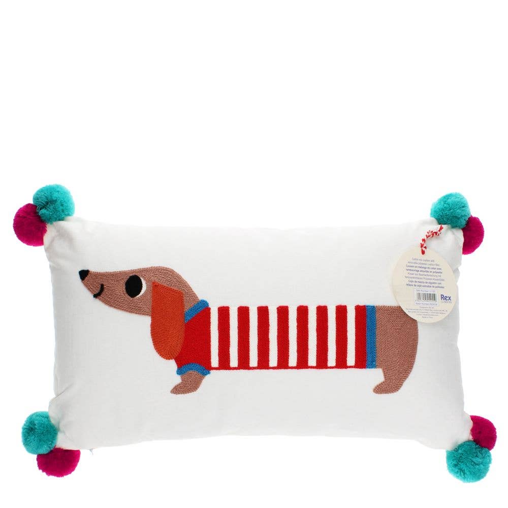 Bobangles - Wholesale Throw/decorative pillow - Rex London Cushion with pom poms - Sausage Dog1