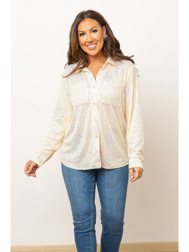 The Kathryn White Sequins Button Down for wholesale on Faire