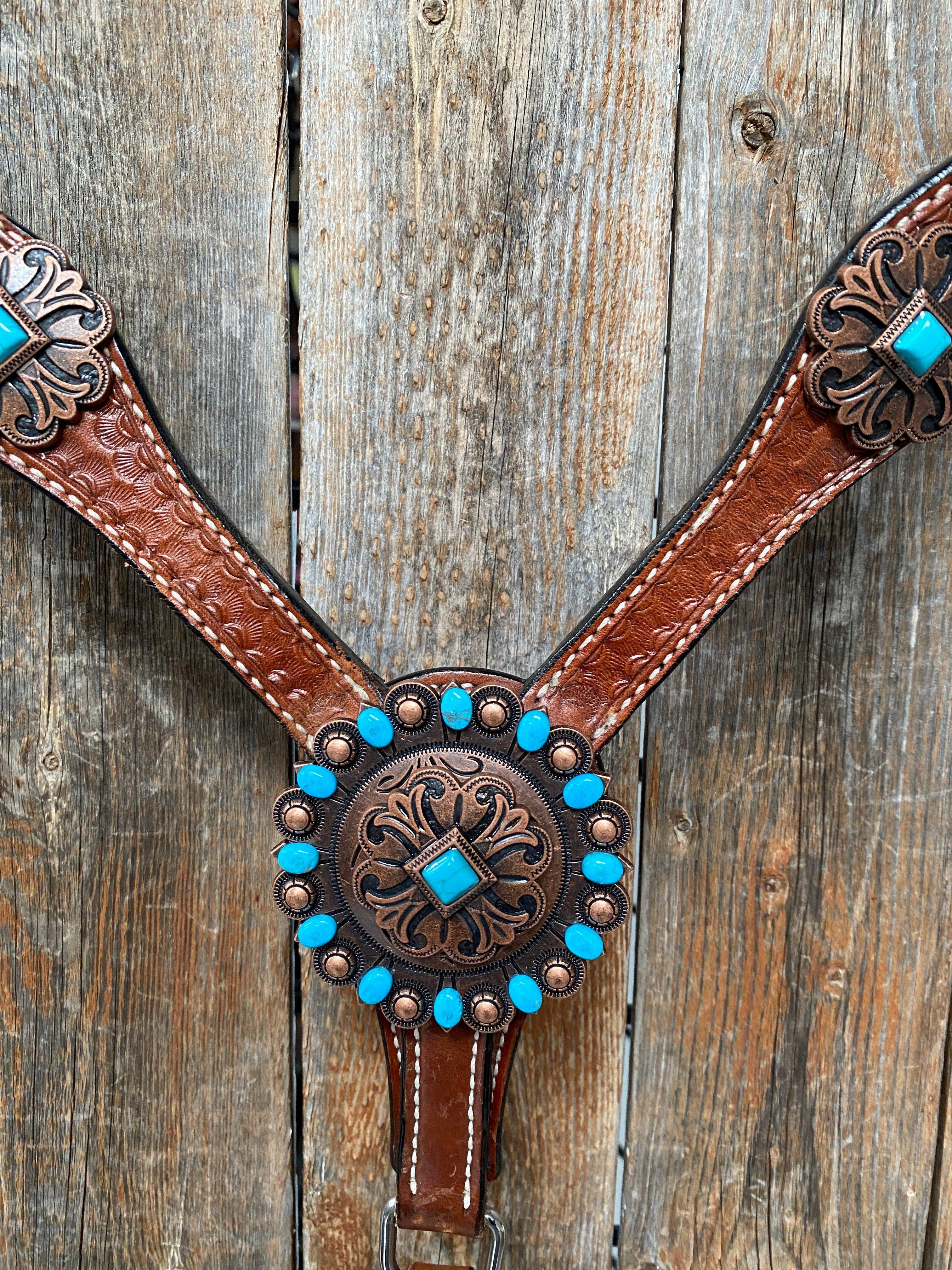 Rodeo Drive - Wholesale Horseback Riding Gear - Medium Basketweave Turquoise One Ear & Breastcollar Tack Set #OEBC4454