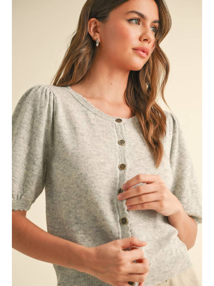 MIOU MUSE - Wholesale Cardigan - Women's - J5056 PUFF SHORT SLEEVE BUTTON DOWN KNIT CARDIGAN