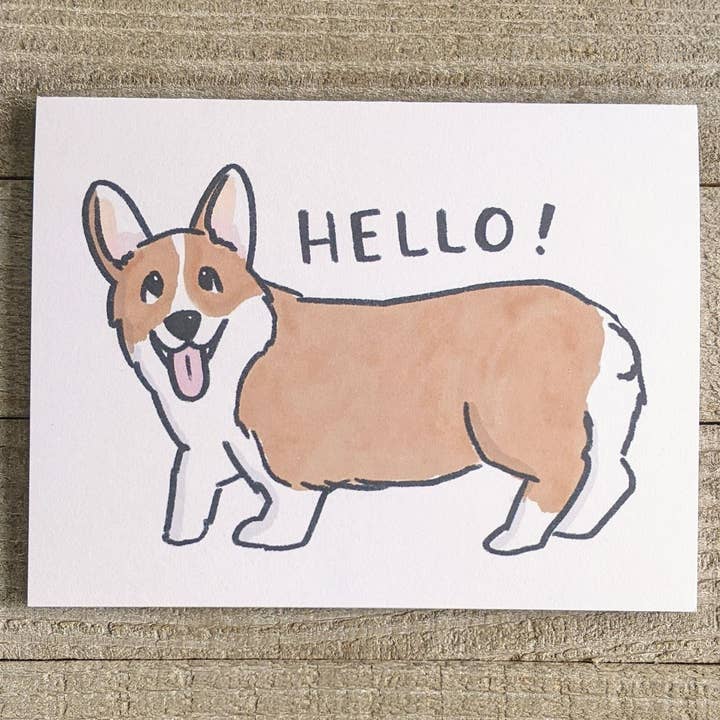 Happy Corgi - Hello, thinking of you card for wholesale by Ink Delights