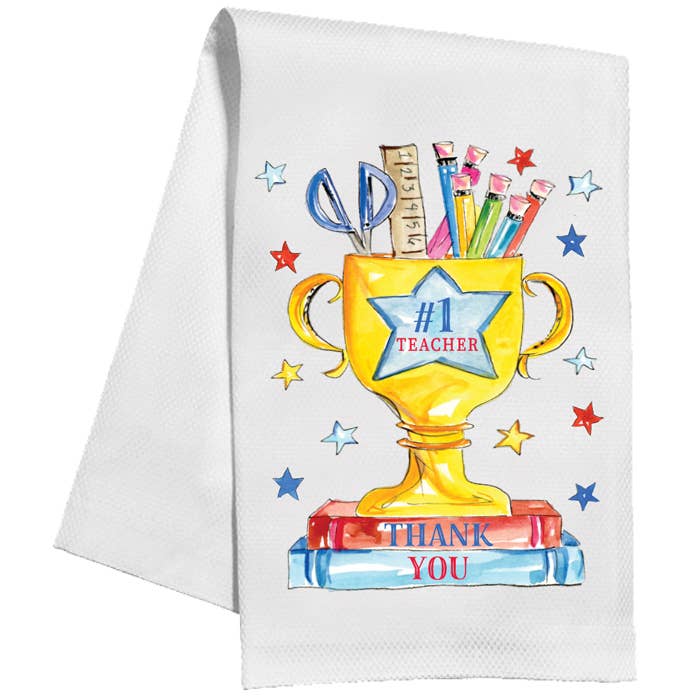 #1 Teacher Gold Loving Cup on Books Thank You Kitchen Towel for wholesale by RosanneBeck Collections