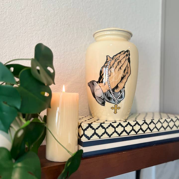 Praying hands holding Rosary Beads - Beige Urn for human ash for wholesale by Plutus imports