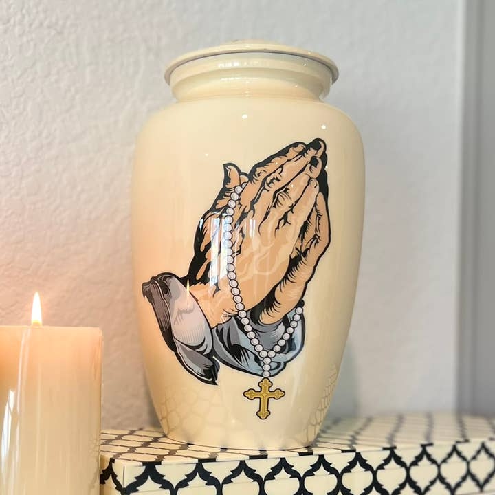 Praying hands holding Rosary Beads - Beige Urn for human ash for wholesale by Plutus imports