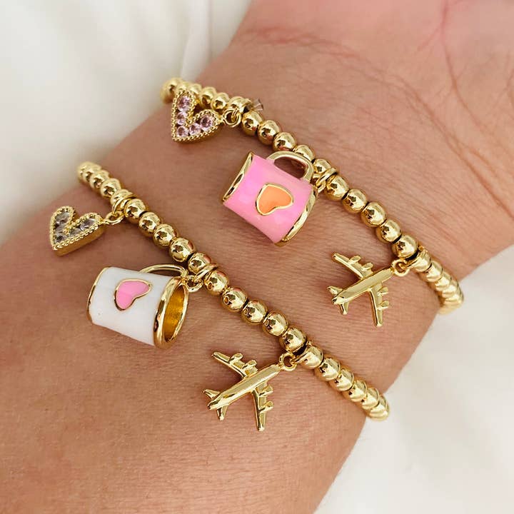Airplane Charm, Travel Bracelet, Gold Ball Bracelet, Summer for wholesale by Housegoldjewelry