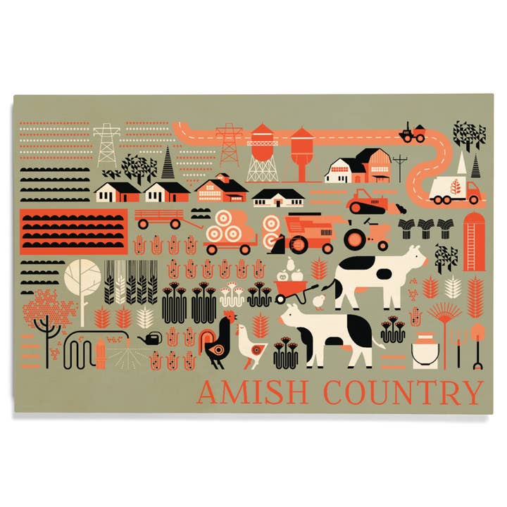 PANNEAU EN BOIS PREMIUM Comté Amish, Scène de Ferme Rouge, Noire, Blanche pour la vente par Lantern Press