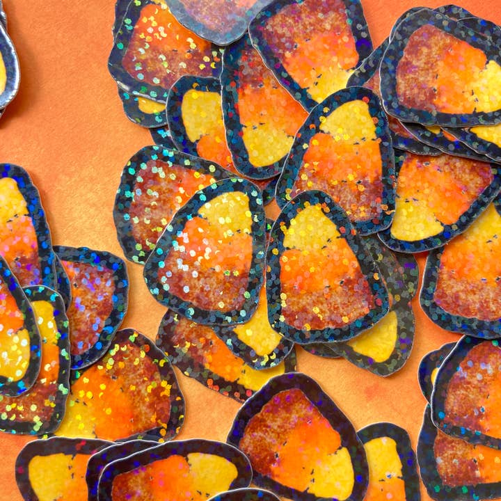 Mini Candy Corn with Black Background Glitter Stickers for wholesale by stickersbyjodi