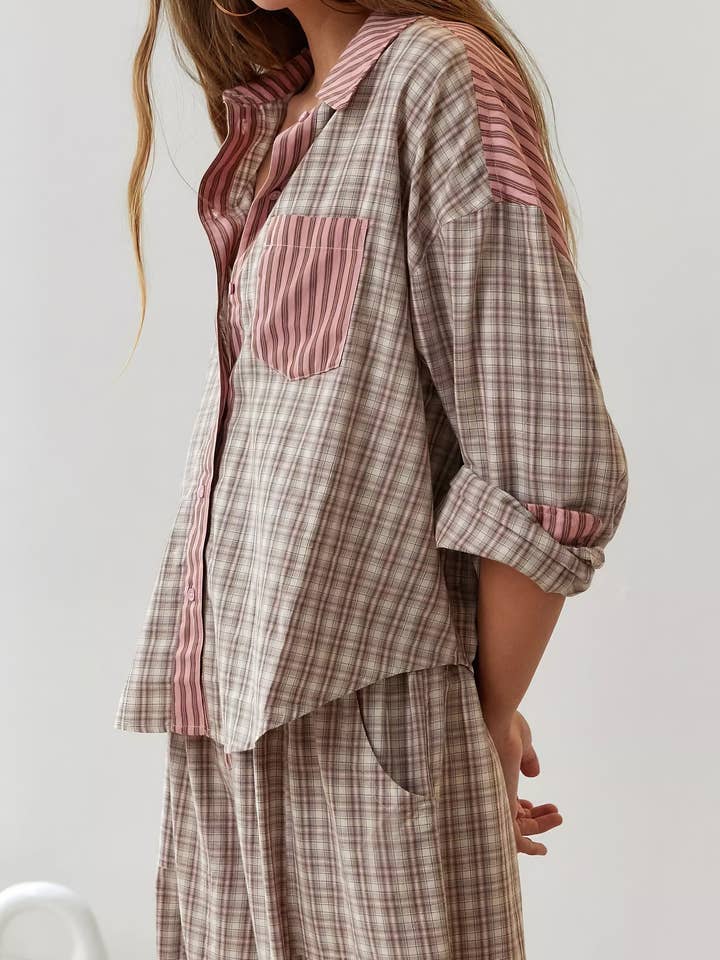 Rosa Clothing - Wholesale Sleepwear Set - Women's - Pink plaid patchwork loose pajama set6