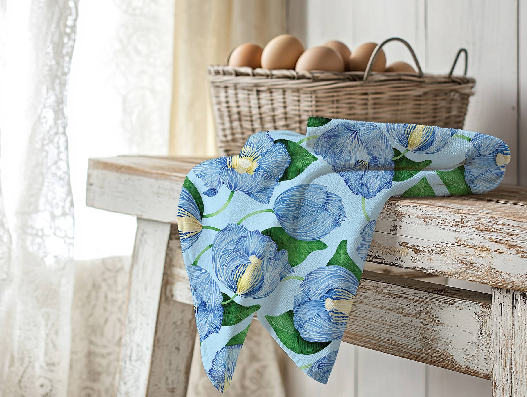 Sarah Rose - Wholesale Tea Towel - Himalayan Poppies on Blue Organic Linen Tea Towel