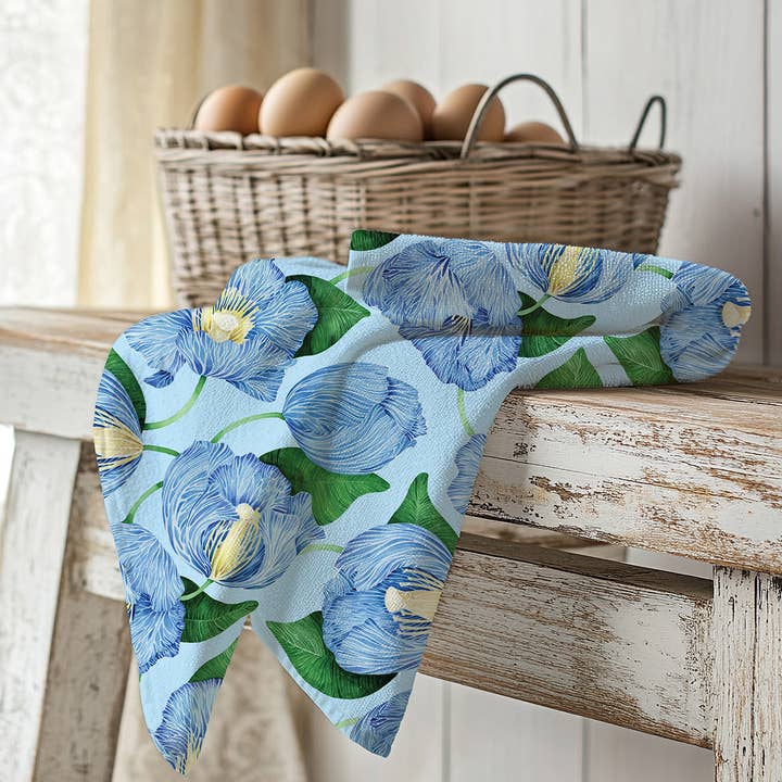 Sarah Rose - Wholesale Tea Towel - Himalayan Poppies on Blue Organic Linen Tea Towel0