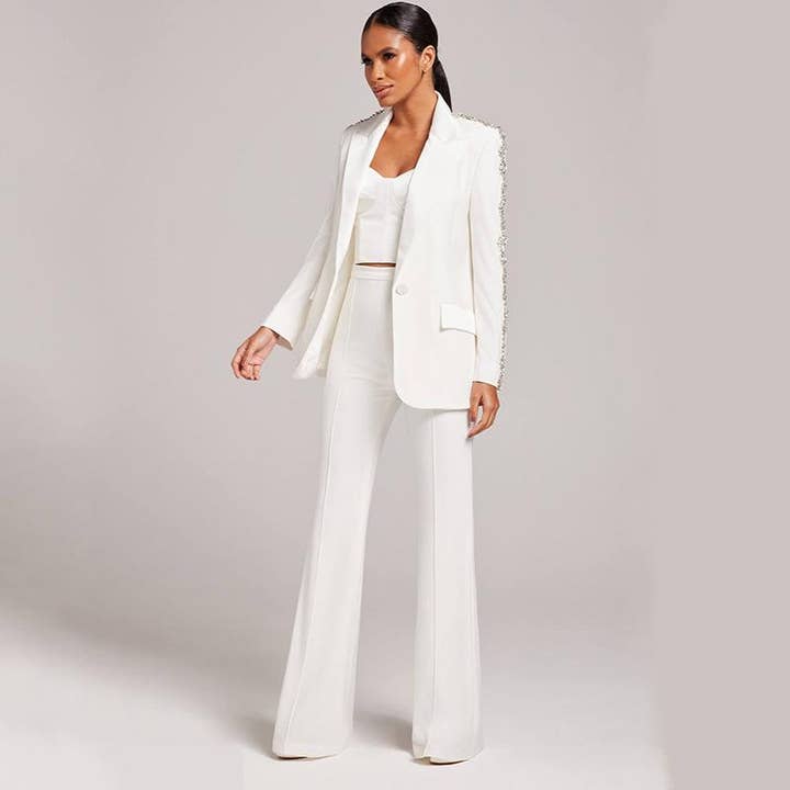Calista White Rhinestone Arm Blazer & Pant Two Piece Set for wholesale on Faire1