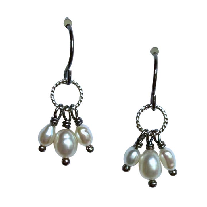 Triple Pearl Tassel Earrings, Dark and Light Silver for wholesale by Rain City Forge