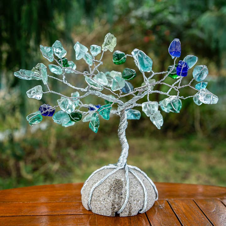 Garden Age Supply - Wholesale Decorative Tabletop Object - Sea Glass Tree of Life on Rock 12"1