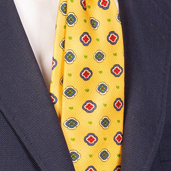 Graffeo Cravatte - Wholesale Necktie - Men's - Men's Tie Yellow Seven-Fold Print with Bluette Green Red Pattern 7P960