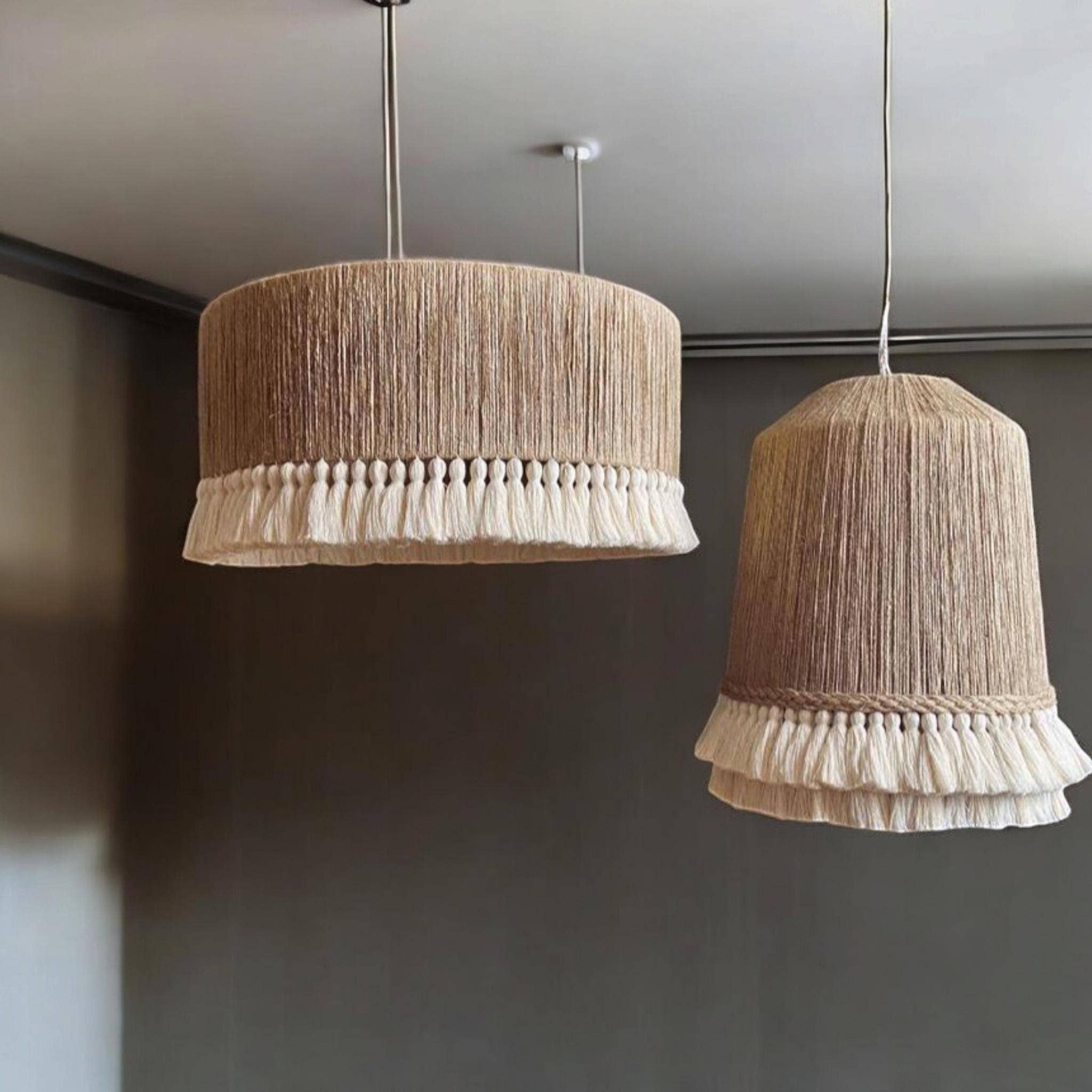 Joy's Arts - Wholesale Chandelier/Hanging Light - Boho Macrame Chandelier, Cozy Fall Pendant Light, Handmade Neutral Farmhouse Lampshade, Rusitc Jute Lighting6