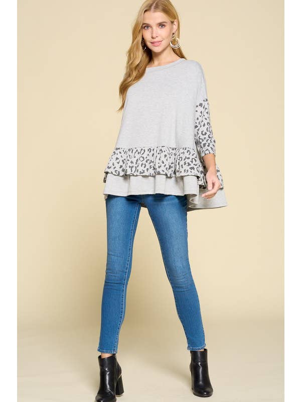 Gray ETK-8345-PL Plus Size Animal Print Contrast Ruffle Hem Top for wholesale on Faire