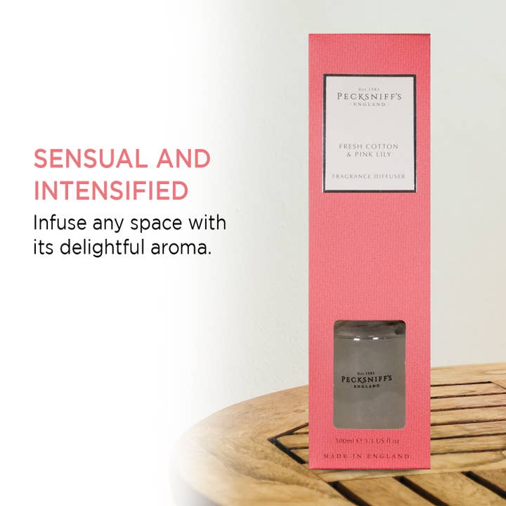 Prestige Beauty Boutique – Großhandel Reed-Diffusor – Pecksniffs Diffusor aus frischer Baumwolle und rosafarbener Lilie | 100 ml/3,38 Fl Oz2
