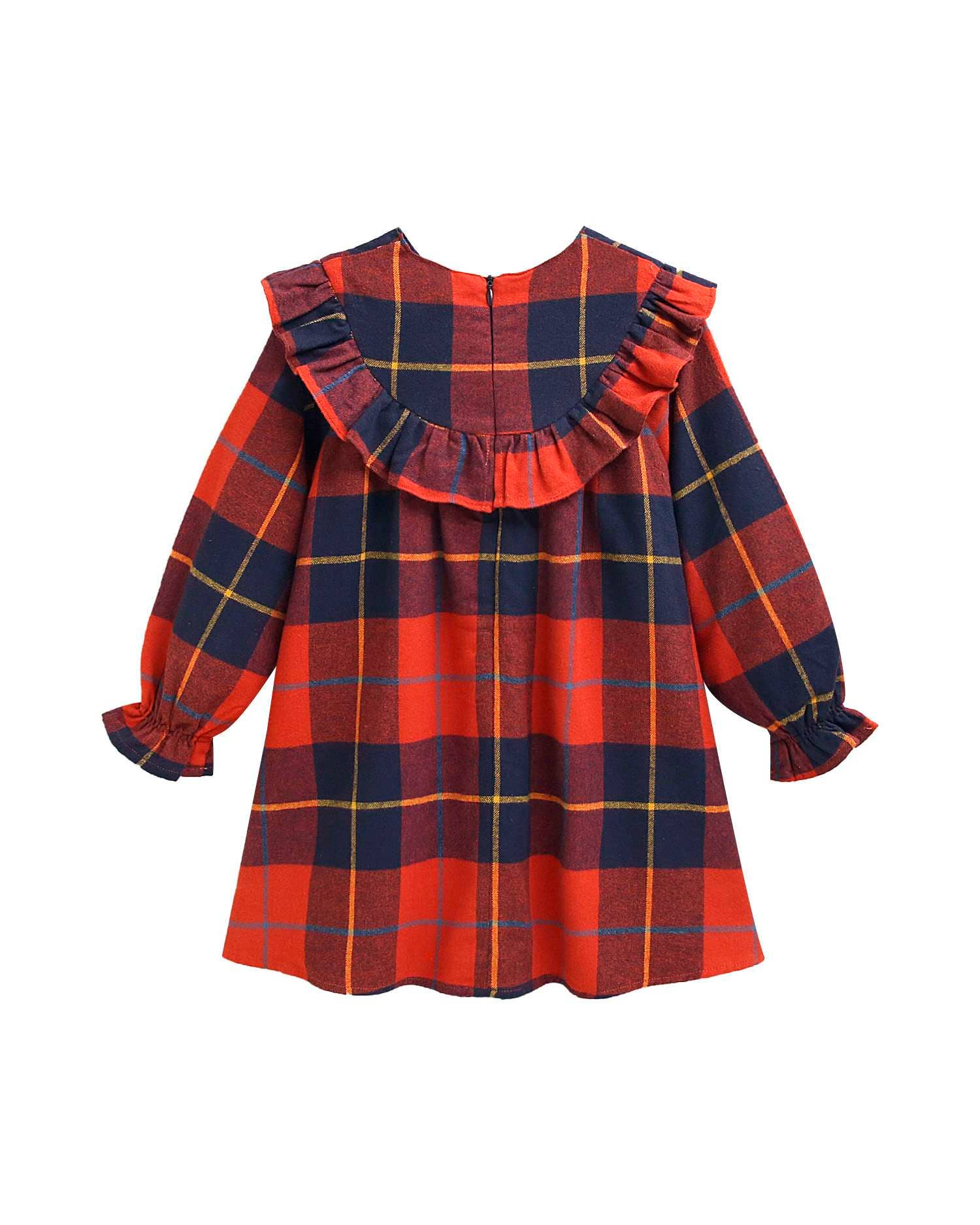 Girl's Red and Blue Plaid Plaid Dress with Pompom for wholesale on Faire1