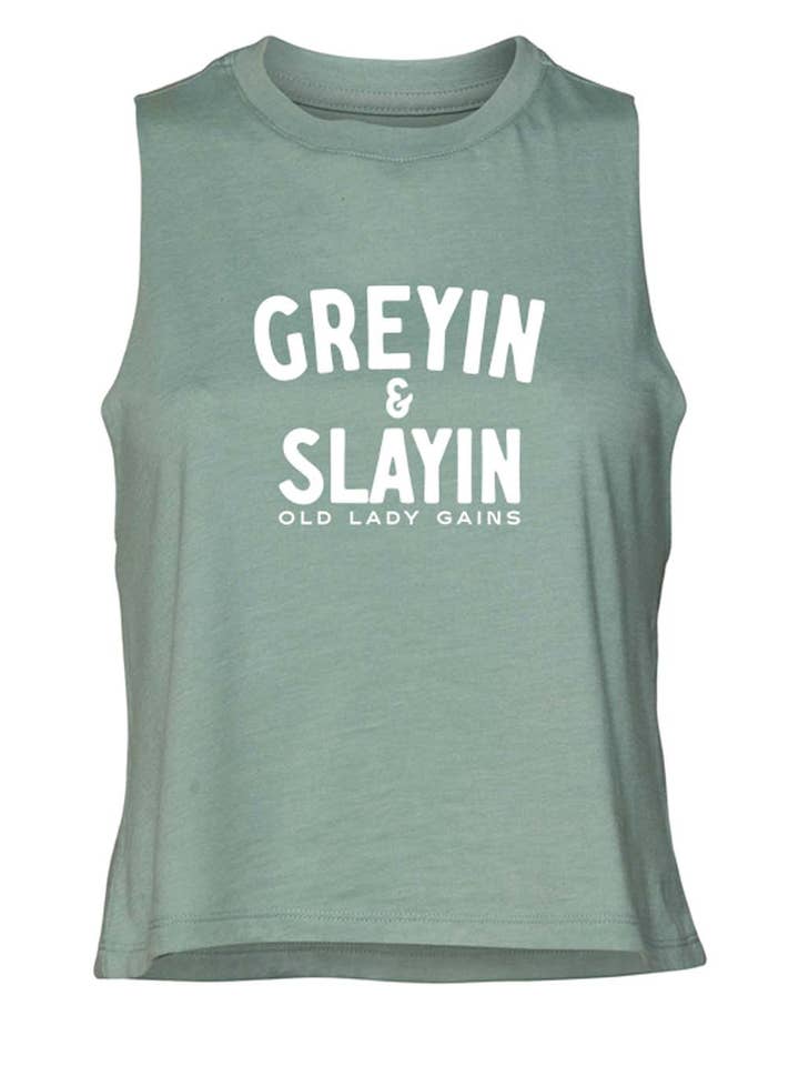 Greyin & Slayin Crop Tank for wholesale by Old Lady Gains