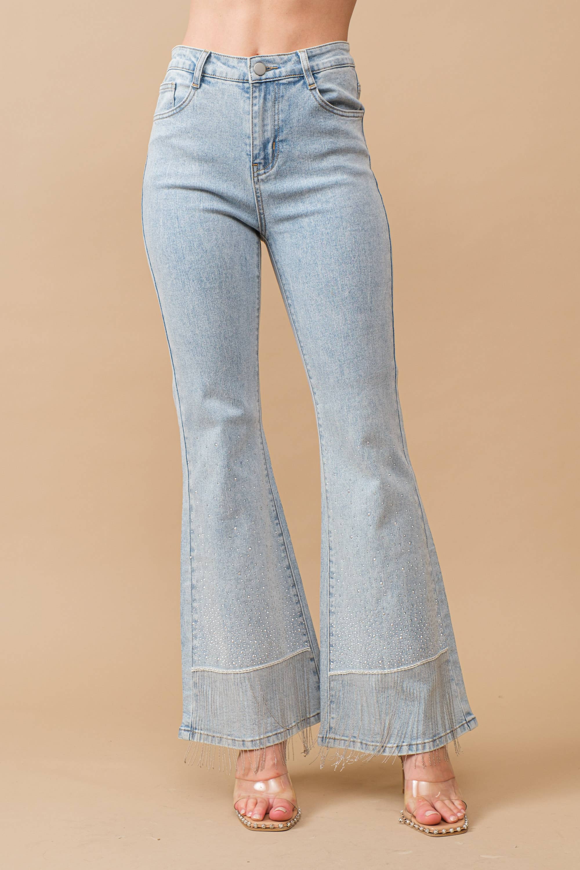 Blue B - Vente Jean – femme - Jean évasé en coton stretch avec strass cloutés et franges10