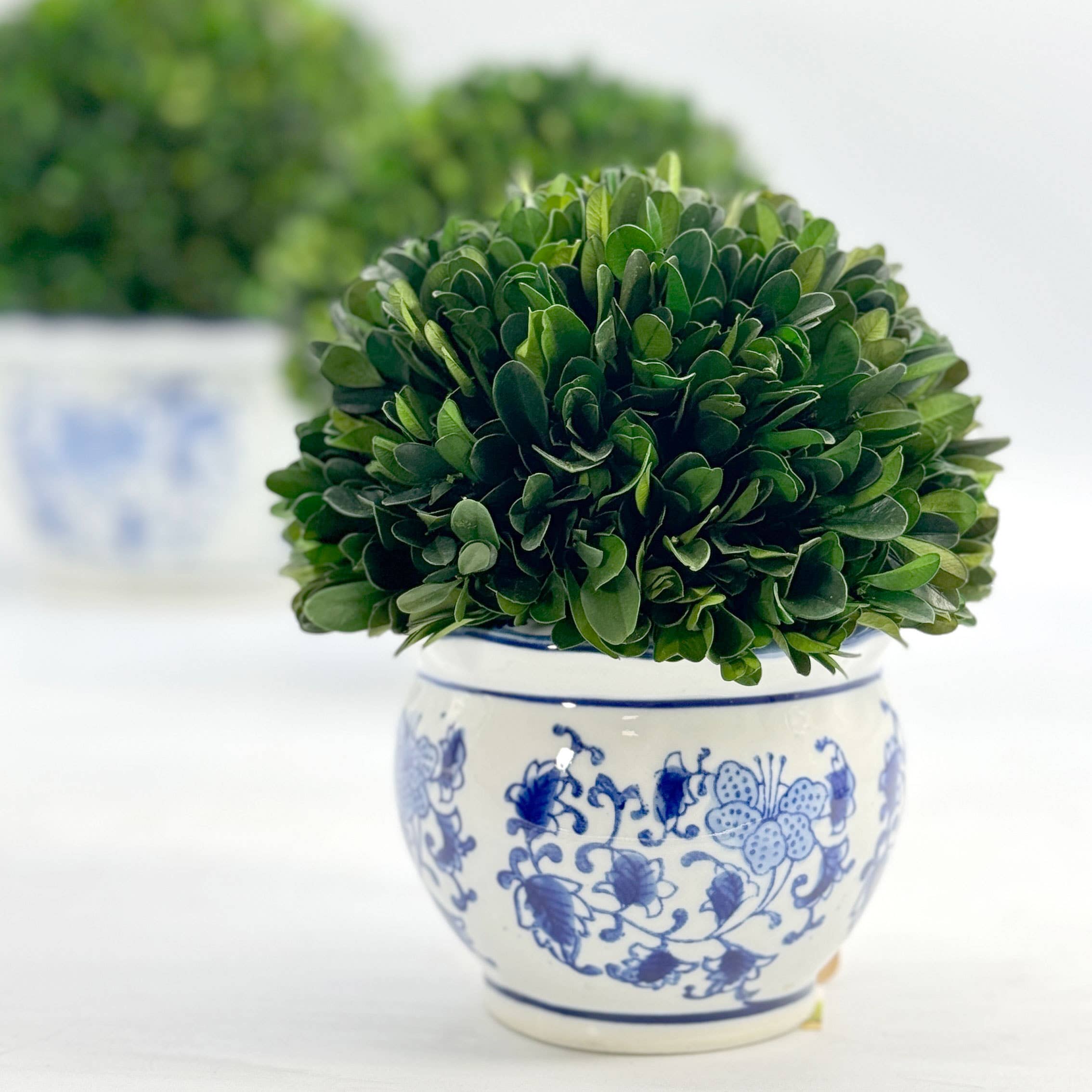 Galt International Company - Wholesale Kunstplant - Buxusbol-topiary in ronde blauw-witte keramische pot0