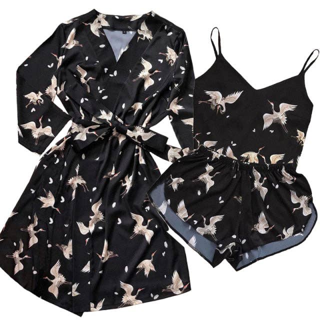 The Lounge Edit – Conjunto de pijama - Mulher por atacado – Conjunto de pijama de 3 peças mulheres quimono roupão cetim