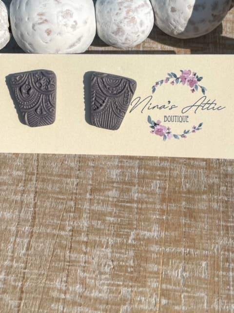 Clay Pearl Gray Embossed Studs for wholesale by Nina’s Attic