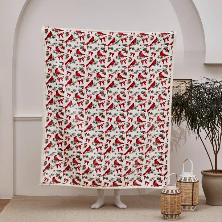 "Cardinals With Bows" Flannel Sherpa Throw Blanket 50"x60" for wholesale by Duke Imports