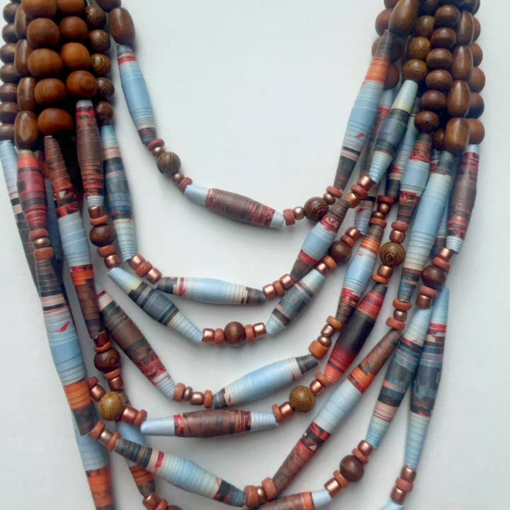 Blue and Brown Long Layering Bead Necklace, Handmade Paper B for wholesale by The Paper Beadery