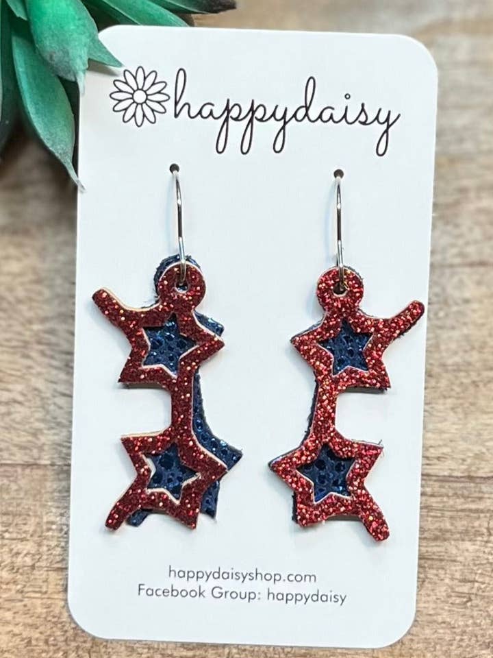 Sommersolbriller øreringe i rød glitter og blå metallisk læder for engroshandel hos happydaisy